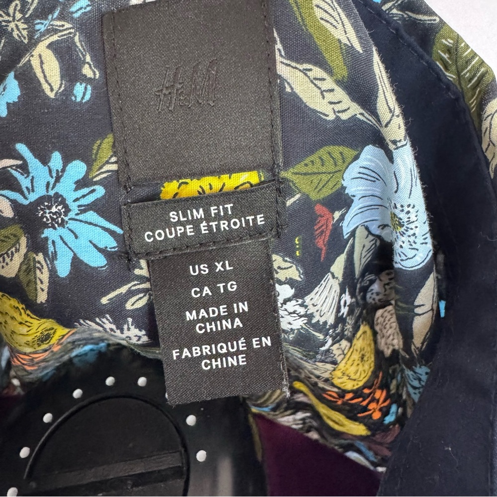 H&M Floral Print Button-Down Shirt Mens XL Slim Fit Black Botanical Long Sleeve - Picture 5 of 6